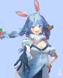 Rule 34 | 1girl, animal ear fluff, animal ears, bare shoulders, blue background, blue gloves, blue hair, blush, breasts, carrot, carrot hair ornament, cleavage, detached sleeves, food-themed hair ornament, gloves, hair ornament, hand on own hip, hololive, light blue hair, long hair, looking at viewer, medium breasts, multicolored hair, orange eyes, pocket, puffy sleeves, rabbit ears, reaching, reaching towards viewer, shijohane, signature, simple background, smile, solo, teeth, tongue, twintails, upper teeth only, usada pekora, usada pekora (1st costume), virtual youtuber, white hair