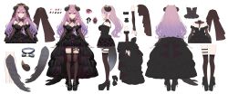 Rule 34 | 1girl, absurdres, ankle strap, black dress, black footwear, breasts, character sheet, chiri (ch!), closed mouth, color guide, dress, hair between eyes, high heels, highres, horns, indie virtual youtuber, iria (vtuber), long hair, long sleeves, looking at viewer, medium breasts, multiple views, o-ring, pink eyes, pink hair, pointy ears, second-party source, shoes, simple background, tail, thighhighs, turnaround, virtual youtuber, white background
