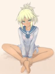 Rule 34 | 1girl, bad id, bad pixiv id, bikini, bikini under clothes, blonde hair, blush, braid, breasts, collarbone, fate/apocrypha, fate/grand order, fate (series), feet, french braid, full body, green eyes, hair ornament, hair scrunchie, highres, indian style, legs, long hair, looking at viewer, medium breasts, mobu, mordred (fate), mordred (fate) (all), mordred (fate/apocrypha), mordred (swimsuit rider) (fate), mordred (swimsuit rider) (second ascension) (fate), open mouth, ponytail, red bikini, sailor collar, sailor shirt, scrunchie, shirt, sidelocks, simple background, sitting, solo, swimsuit, tan, wet, wet clothes, wet shirt