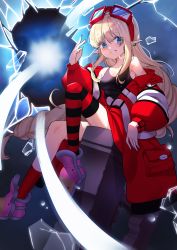 Rule 34 | 1girl, asymmetrical legwear, bare shoulders, black shirt, blonde hair, blue eyes, boots, breasts, clenched teeth, collarbone, commission, dungeon and fighter, earrings, full body, glass, goggles, goggles on head, hair between eyes, highres, jacket, jewelry, knee up, kopeolgi, korean commentary, long bangs, long hair, long sleeves, looking at viewer, off shoulder, open clothes, open jacket, open mouth, oversized clothes, pink footwear, pointy ears, pouch, puffy long sleeves, puffy sleeves, shattered, shirt, sitting, small breasts, solo, striped clothes, striped thighhighs, teeth, thighhighs, uneven legwear, very long hair