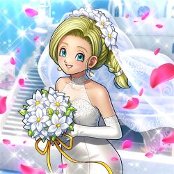 Rule 34 | 1girl, bianca (dq5), blonde hair, blue eyes, bouquet, breasts, bride, cape, dragon quest, dragon quest v, dress, earrings, flower, highres, jewelry, looking at viewer, medium breasts, non-web source, official art, sleeveless, smile, solo, wedding dress, white dress