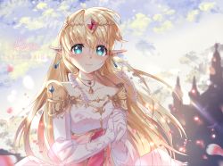 Rule 34 | 1girl, artist name, blonde hair, blush, breasts, castle, collarbone, commentary, dress, drill hair, earrings, english commentary, gem, gloves, green eyes, highres, jewelry, lazoomaiga, long hair, looking at viewer, medium breasts, necklace, nintendo, outdoors, pointy ears, princess zelda, smile, solo, the legend of zelda, triforce, upper body, white dress, white gloves