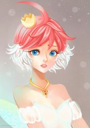 Rule 34 | 1girl, ahoge, ballerina, bare shoulders, blue eyes, breasts, cleavage, crown, jewelry, larienne, lips, looking at viewer, multicolored hair, necklace, nose, parted lips, pink hair, princess tutu, princess tutu (character), short hair, small breasts, solo, tutu, upper body, watermark, web address, wings