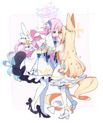 Rule 34 | 2girls, angel wings, animal ears, black footwear, blonde hair, blue archive, blue flower, blush, capelet, commentary request, detached sleeves, dress, feathered wings, flower, fox ears, fox tail, full body, hair bun, hair flower, hair ornament, halo, high heels, long hair, mika (blue archive), multiple girls, pantyhose, parted lips, pink hair, pink halo, purple flower, seia (blue archive), single side bun, sleeves past fingers, sleeves past wrists, striped clothes, striped pantyhose, tail, vertical-striped clothes, vertical-striped pantyhose, very long hair, white capelet, white dress, white flower, white footwear, white pantyhose, white wings, wide sleeves, wings, yellow eyes, yellow halo, yun (dust-i1), yuri