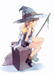 Rule 34 | 1girl, adapted costume, alternate hairstyle, apron, blonde hair, boots, braid, broom, hat, kirisame marisa, low twintails, profile, sen1986, side braid, sitting, touhou, twintails, witch hat, yellow eyes