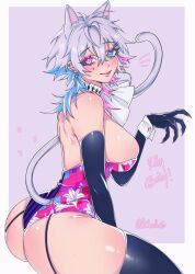 Rule 34 | 1girl, alternate costume, animal ears, ass, back, black thighhighs, blue eyes, blue hair, blush, border, breasts, cat ears, cat girl, cat tail, claw pose, commentary, ear piercing, earrings, elbow gloves, english commentary, english text, from side, gavis bettel, genderswap, genderswap (mtf), gloves, grey hair, hair between eyes, heterochromia, highleg, highleg leotard, highres, holostars, holostars english, huge ass, jch3lles, jewelry, large breasts, leotard, long eyelashes, looking at viewer, makeup, multicolored hair, multicolored leotard, multiple earrings, piercing, pink hair, pink lips, purple background, shiny clothes, shiny skin, sideboob, skindentation, smile, solo, tail, thick thighs, thighhighs, thighs, twitter username, virtual youtuber, white border