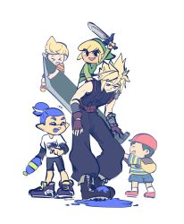 Rule 34 | absurdres, armor, baseball cap, black hair, blonde hair, blue eyes, brown hair, buster sword, cloud strife, final fantasy, final fantasy vii, gloves, hat, highres, inkling, inkling boy, inkling player character, jewelry, link, long hair, looking at viewer, lucas (mother 3), male focus, mask, mother (game), mother 2, mother 3, multiple boys, ness (mother 2), nintendo, quiff, shirt, short hair, smile, spiked hair, super smash bros., sword, teeth, tentacle hair, the legend of zelda, the legend of zelda: the wind waker, toon link, upper teeth only, weapon, zoruachu