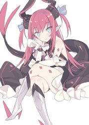 Rule 34 | 10s, 1girl, arm support, armored boots, bare shoulders, black dress, blade (galaxist), blue eyes, blue ribbon, blush, boots, closed mouth, commentary request, crossed legs, curled horns, detached sleeves, dragon girl, dragon horns, dragon tail, dress, elizabeth bathory (fate), elizabeth bathory (fate/extra ccc), elizabeth bathory (first ascension) (fate), fate/extra, fate/extra ccc, fate (series), frilled dress, frills, hair between eyes, hair ribbon, head tilt, horns, knee boots, long hair, long sleeves, looking at viewer, red hair, ribbon, sitting, smile, solo, spiked boots, spikes, tail, two side up, very long hair, white footwear