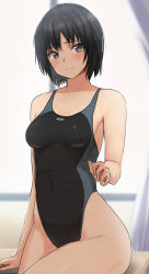 Rule 34 | 1girl, amagami, black hair, black one-piece swimsuit, blue one-piece swimsuit, blush, breasts, brown eyes, classroom, closed mouth, commentary, competition swimsuit, curtains, desk, highleg, highleg swimsuit, highres, medium breasts, nanasaki ai, on desk, one-piece swimsuit, raised eyebrows, short hair, sitting, smile, solo, swimsuit, two-tone swimsuit, window, yoo tenchi