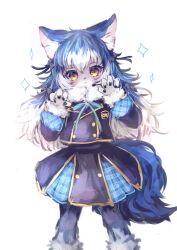 Rule 34 | 1girl, absurdres, animal ears, blazer, blue hair, dire wolf (kemono friends), highres, jacket, kemono friends, kemono friends v project, long hair, looking at viewer, maki gamin, microphone, ribbon, scarf, simple background, skirt, solo, tail, twintails, virtual youtuber, wolf ears, wolf girl, wolf tail, yellow eyes