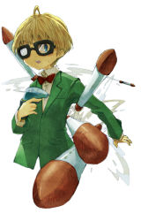 Rule 34 | 1boy, ahoge, black-framed eyewear, blonde hair, blue eyes, bow, bowtie, green shirt, jeff andonuts, long sleeves, looking at viewer, male focus, misoshiru utoma, mother (game), mother 2, nintendo, open mouth, pocket, red bow, rocket, shirt, simple background, solo, upper body