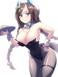 Rule 34 | 1girl, alternate costume, animal ears, bare shoulders, black leotard, black pantyhose, blush, bow, braid, breasts, brown hair, cleavage, closed mouth, commentary request, cowboy shot, ear bow, ear covers, hand on own hip, highres, hokko tarumae (umamusume), holding, holding tray, horse ears, horse girl, horse tail, large breasts, leotard, long hair, looking at viewer, multicolored hair, nontraditional playboy bunny, pantyhose, pataneet, purple eyes, simple background, solo, strapless, strapless leotard, streaked hair, striped bow, tail, tray, twin braids, umamusume, very long hair, white background, white hair, wrist cuffs