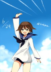 Rule 34 | 1girl, :d, arms up, blue sky, brown eyes, brown hair, cloud, contrail, cowboy shot, dated, day, flipped hair, gradient background, kodamari, long sleeves, miyafuji yoshika, one-piece swimsuit, open mouth, school swimsuit, school uniform, serafuku, short hair, sky, smile, solo, strike witches, swimsuit, twitter username, world witches series