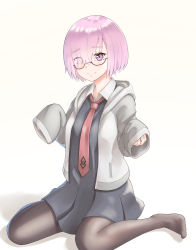 Rule 34 | 1girl, absurdres, black dress, black pantyhose, blush, breasts, commentary request, dress, fate/grand order, fate (series), glasses, hair over one eye, highres, jacket, large breasts, light purple hair, looking at viewer, mash kyrielight, necktie, open mouth, pantyhose, pink hair, purple eyes, purple hair, red necktie, short hair, simple background, sleeves past wrists, smile, solo, white background, yumoto motoyu