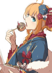 Rule 34 | 1girl, blue eyes, breasts, flower, food, from side, hair ornament, highres, japanese clothes, kimono, long hair, looking at viewer, momiji oroshi, open mouth, orange hair, pecorine (new year) (princess connect!), pecorine (princess connect!), princess connect!, simple background, solo, white background