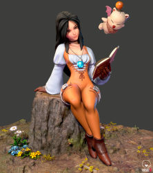 Rule 34 | 1girl, 1other, 3d, black choker, black hair, book, boots, breasts, brown eyes, brown footwear, brown gloves, choker, collaboration, collarbone, commentary, dan eder, david jiang, english commentary, final fantasy, final fantasy ix, flower, flying, garnet til alexandros xvii, gem, gloves, high heel boots, high heels, highres, jewelry, juliet sleeves, jumpsuit, lace-up top, lips, long sleeves, moogle, nature, nose, open book, orange jumpsuit, outdoors, parted bangs, pendant, puffy sleeves, sitting, small breasts, thigh strap, tree stump, white sleeves