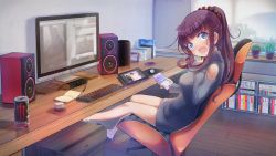 Rule 34 | 1girl, blue eyes, blush, book, bookshelf, brown hair, can, cellphone, commentary request, day, desk, drawing tablet, dress, from side, grey sweater, hair ornament, hair scrunchie, highres, holding, holding phone, indoors, keyboard, long hair, looking at viewer, monitor, monster energy, mousepad, mousepad (object), new game!, open mouth, phone, plant, ponytail, potted plant, scrunchie, shoes, sitting, sleeves past wrists, smartphone, solo, speaker, surprised, sweatdrop, sweater, sweater dress, takimoto hifumi, wavy mouth, window, wooden floor, yudough