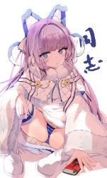 Rule 34 | 1girl, absurdres, animal ears, azur lane, blue eyes, blush, cellphone, coat, commentary request, dress, fake animal ears, fur trim, graphite (medium), hair ornament, highres, long hair, long sleeves, looking at viewer, open mouth, panties, pantyshot, phone, photoshop (medium), pom pom (clothes), purple hair, shadow, sitting, smartphone, solo, striped clothes, striped panties, sweater, tashkent (azur lane), thighhighs, traditional media, translation request, underwear, very long hair, white coat, white thighhighs, wide sleeves, winter clothes, yue (qtxyjiang)