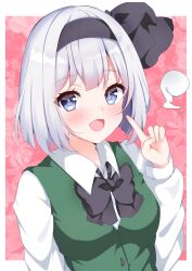 Rule 34 | 1girl, black bow, black bowtie, black hairband, blue eyes, bow, bowtie, commentary request, ghost, grey hair, hairband, highres, index finger raised, konpaku youmu, konpaku youmu (ghost), long sleeves, looking at viewer, open mouth, pink background, shirotsuki shirone, short hair, solo, touhou, upper body