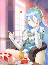 Rule 34 | 1girl, azura (fire emblem), blue hair, cake, chair, closed eyes, detached sleeves, dress, eating, fingerless gloves, fire emblem, fire emblem fates, food, fork, gloves, hair between eyes, heart, highres, holding, holding fork, igni tion, jewelry, long hair, necklace, nintendo, plate, sitting, strawberry shortcake, table, veil, very long hair, white dress