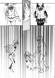 Rule 34 | akemi homura, bag, barefoot, check commentary, clenched hand, collared shirt, comic, commentary, commentary request, couple, covering face, crying, denim, flying teardrops, greyscale, hairband, holding, holding bag, husband and wife, jeans, kaname junko, kaname madoka, kaname tomohisa, kneeling, leggings, long hair, mahou shoujo madoka magica, mitakihara school uniform, monochrome, nightgown, no+bi=, pants, school bag, school uniform, shaft look, shirt, short hair, short sleeves, speech bubble, t-shirt, thighhighs, translated, twintails