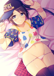 Rule 34 | 1girl, absurdres, baseball cap, black hair, blue eyes, blush, breasts, glasses, grin, hat, highres, idolmaster, idolmaster shiny colors, long hair, looking at viewer, lying, mitsumine yuika, navel, noukatu, on back, panties, small breasts, smile, solo, twintails, underwear