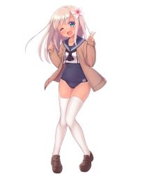 Rule 34 | 10s, 1girl, ;d, blue eyes, blush, brown footwear, cardigan, collarbone, flower, full body, hair flower, hair ornament, head tilt, highres, kantai collection, knees together feet apart, long hair, long sleeves, looking at viewer, nullken, one eye closed, open mouth, ro-500 (kancolle), sailor collar, school swimsuit, shoes, silver hair, simple background, smile, solo, swimsuit, tan, tanline, thighhighs, v, white background, white thighhighs