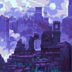 Rule 34 | animated, animated gif, castle, cloud, commentary, english commentary, no humans, original, outdoors, pixel art, pixeldoshi, purple theme, ruins, scenery
