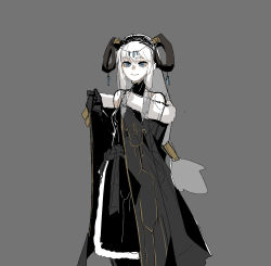 Rule 34 | 1girl, black coat, black gloves, blue eyes, closed mouth, coat, curled horns, gloves, gogalking, grey background, grey hair, hairband, highres, horn ornament, horn ring, horns, long hair, looking at viewer, low-tied long hair, original, sheep girl (gogalking), simple background, sketch, smile, solo, standing