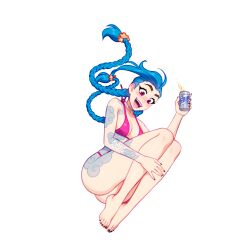 Rule 34 | 1girl, :d, alternate costume, arm tattoo, artist name, ass, asymmetrical bangs, barefoot, bikini, black nails, blue hair, blushyspicy, braid, breasts, can, cloud tattoo, drink, feet, flower, hair flower, hair ornament, happy, highres, holding, holding can, jinx (league of legends), jumping, knees up, league of legends, legs, long hair, medium breasts, nail polish, open mouth, pink bikini, pink eyes, smile, solo, stomach tattoo, swimsuit, tattoo, teeth, toenail polish, toenails, toes, twin braids, twintails
