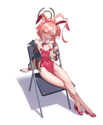 Rule 34 | 1girl, absurdres, ahoge, animal ears, aries991, blue archive, braid, breasts, chair, fang, folding chair, halo, high heels, highres, leotard, middle finger, neru (blue archive), neru (bunny) (blue archive), orange hair, playboy bunny, rabbit ears, red eyes, short hair, simple background, small breasts, white background