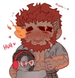 Rule 34 | 1boy, 1other, ^ ^, affectionate, artist self-insert, bara, blush, chibi, closed eyes, comforting, dark-skinned male, dark skin, eyebrow cut, happy, heart, hephaestus (housamo), hug, loving aura, lowres, male focus, mature male, muscular, muscular male, open clothes, open shirt, pectoral cleavage, pectorals, red eyes, red hair, scar, short hair, thick eyebrows, tokyo houkago summoners, tora d, wavy mouth