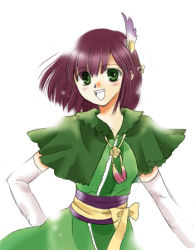 Rule 34 | 1girl, :d, capelet, cowboy shot, elbow gloves, gloves, green eyes, hair ornament, hairpin, happypink, hosokawa gracia, kanzaki miyuki (happypink), looking at viewer, looking back, lowres, open mouth, red hair, sengoku musou, sengoku musou 2, short hair, simple background, smile, solo, white background, white gloves