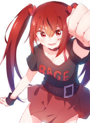 Rule 34 | 1girl, absurdres, anarchy (magical destroyers), belt, breasts, clenched hand, commentary, fang, highres, large breasts, long hair, mahou shoujo magical destroyers, nyaa (nnekoron), red eyes, red hair, skin fang, solo, teardrop facial mark, white background, wristband