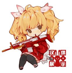 Rule 34 | 1girl, :&lt;, ahoge, assault rifle, battle rifle, black thighhighs, blonde hair, blue archive, chibi, closed mouth, curly hair, facing viewer, floating, fn scar, fn scar 17, full body, grey eyes, gun, hair ornament, holding, holding gun, holding weapon, jacket, long hair, looking at viewer, mafuin da, pink skirt, pleated skirt, red jacket, rifle, skirt, solo, stuffed animal, stuffed rabbit, stuffed toy, thighhighs, twintails, weapon, yoshimi (blue archive)