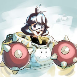 Rule 34 | 1girl, ahoge, arms (game), brown hair, camera, cloud, crossover, goggles, lakitu, mario (series), mechanica (arms), nintendo, open mouth, short hair, smile, spiny egg, stup-jam