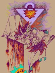 Rule 34 | 2boys, abstract, atem, beige background, blood, cape, closed eyes, dripping, dual persona, dyed bangs, full body, jewelry, knees up, lying, male focus, millennium puzzle, moiko, multiple boys, muto yugi, on back, short hair, simple background, spiked hair, yu-gi-oh!, yu-gi-oh! duel monsters
