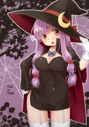 Rule 34 | 1girl, :o, bad id, bad nicoseiga id, blush, crescent, female focus, garter straps, gloves, halloween, hat, hat ribbon, highres, long hair, patchouli knowledge, purple hair, red eyes, ribbon, silk, solo, spider web, thighhighs, touhou, trick or treat, white gloves, white thighhighs, witch, witch hat, yukiu con