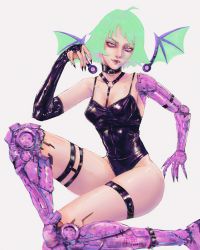 Rule 34 | 1girl, ahoge, amputee, azure meraki, black choker, black gloves, black leotard, black nails, breasts, bridal gauntlets, choker, closed mouth, detached wings, elbow gloves, fangs, fangs out, fingernails, gloves, green hair, highleg, highleg leotard, highres, joints, legwear garter, leotard, looking at viewer, mechanical arms, mechanical legs, medium breasts, medium hair, nail polish, o-ring, o-ring top, original, prosthesis, prosthetic arm, prosthetic leg, purple eyes, robot joints, sharp fingernails, simple background, solo, spiked anklet, thigh strap, triple amputee, white background, wings