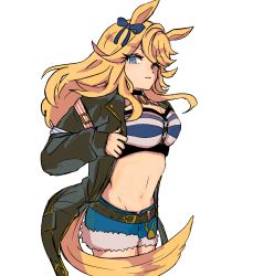 Rule 34 | 1girl, animal ears, bandeau, black jacket, blonde hair, blue bow, blue eyes, bow, breasts, cleavage, commentary request, cowboy shot, cutoffs, denim, denim shorts, gold city (umamusume), hair bow, highres, horse ears, jacket, long hair, long sleeves, looking at viewer, medium breasts, midriff, miyahoshi, navel, open clothes, open jacket, partial commentary, short shorts, shorts, simple background, solo, standing, stomach, strapless, striped bandeau, swept bangs, tail, tube top, umamusume, white background