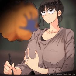 Rule 34 | 1girl, animated, animated gif, black eyes, black hair, breasts, censored, cleavage, covered erect nipples, glasses, grabbing own breast, hand on own chest, hataraki ari, imagining, indoors, large breasts, original, plump, self-portrait, grabbing own breast, shirt, short hair, solo, stylus