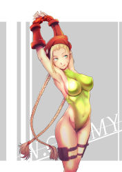 Rule 34 | 1girl, antenna hair, armpits, arms up, blonde hair, braid, breasts, cameltoe, cammy white, capcom, fingerless gloves, gloves, hat, leotard, long hair, okazuwa shake, solo, street fighter, stretching, thong leotard, twin braids