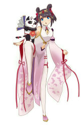 Rule 34 | 1girl, black hair, blue eyes, china dress, chinese clothes, clothing cutout, detached sleeves, dragalia lost, dress, full body, hair ornament, hand fan, lin you, looking at viewer, navel, navel cutout, open mouth, panda, pink dress, shironitsu, standing, standing on one leg, thighhighs, white background, white thighhighs, wide sleeves