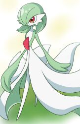 Rule 34 | 1girl, bob cut, closed mouth, colored skin, creatures (company), female focus, flat chest, full body, game freak, gardevoir, gen 3 pokemon, green hair, green skin, hair over one eye, happy, monya, multicolored skin, nintendo, one eye covered, pokemon, pokemon (creature), red eyes, short hair, smile, solo, standing, two-tone skin, white skin, yellow background