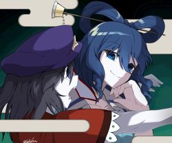 Rule 34 | 2girls, black hair, blue dress, blue eyes, blue hair, cabbie hat, closed mouth, commentary request, dress, drill hair, drill sidelocks, egasumi, hair ornament, hair rings, hair stick, hat, hat ornament, highres, jiangshi, kaku seiga, lace-trimmed sleeves, lace trim, looking at another, looking at viewer, medium hair, miyako yoshika, multiple girls, ofuda, open clothes, open mouth, open vest, outstretched arms, pale skin, purple headwear, red shirt, saba no kanzume, shirt, short sleeves, sidelocks, smile, star (symbol), star hat ornament, touhou, upper body, vest, white vest, zombie pose