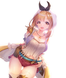 Rule 34 | 1girl, abondz, absurdres, atelier (series), atelier ryza, atelier ryza 1, blush, breasts, brown eyes, brown hair, cleavage, cowboy shot, dutch angle, gloves, hair ornament, hairclip, hat, highres, jacket, jewelry, large breasts, looking at viewer, open clothes, open jacket, open mouth, pendant, red shorts, reisalin stout, short shorts, shorts, single glove, solo, thighhighs, thighs, white background