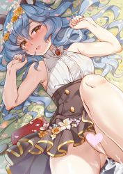 Rule 34 | 1girl, after vaginal, aftersex, alternate costume, animal ears, anus, ass, bare shoulders, blue hair, blush, breasts, censored, cum, cumdrip, erune, ferry (granblue fantasy), granblue fantasy, heart, heart censor, high-waist skirt, high collar, long hair, looking at viewer, lying, miazi, nail polish, no panties, on back, open mouth, orange eyes, red nails, saliva, saliva trail, skirt, sleeveless, small breasts, solo, thighs, wavy hair