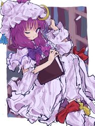Rule 34 | 1girl, absurdres, blush, book, bow, commentary request, crescent, crescent hat ornament, crescent pin, dress, hair bow, hat, hat ornament, highres, holding, holding book, library, long hair, mob cap, mugi (mugimugi 9kv), one eye closed, open mouth, patchouli knowledge, purple eyes, purple hair, ribbon, touhou