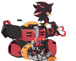 Rule 34 | ..., 1boy, 1other, :&gt;, animal nose, arm support, black fur, blush, chao (sonic), closed mouth, commentary, e-123 omega, english commentary, closed eyes, flying sweatdrops, furry, furry male, gloves, heart, hedgehog, hedgehog tail, hug, joints, male focus, motobug, red fur, robot, robot joints, shadow the hedgehog, simple background, sitting, sonic (series), spoken ellipsis, sweat, two-tone fur, white background
