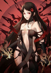 Rule 34 | 1girl, absurdres, bad id, bad pixiv id, bare shoulders, black dress, black gloves, blood, blood on face, breasts, center opening, choker, dress, ear piercing, elbow gloves, fate/grand order, fate (series), flower, gloves, highres, holding, holding sword, holding weapon, long hair, looking at viewer, luomo, medium breasts, navel, parted bangs, piercing, red background, red eyes, red flower, red ribbon, revealing clothes, ribbon, signature, solo, strapless, strapless dress, sword, very long hair, weapon, yu mei-ren (fate)